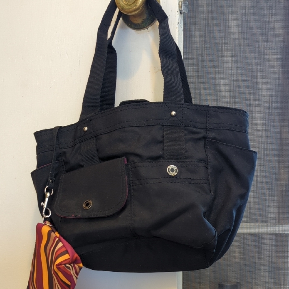 Black Tote Bag with Striped Pouch